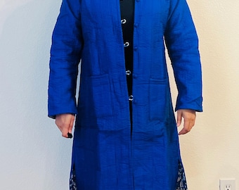 Abrigo largo reversible de algodón hecho a mano - Chaqueta boho floral azul