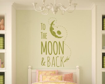 To The Moon & Back Vinyl Wall Decal, Modern Nursery Wall Decor, Kids Modern Wall Art, Custom Vinyl Lettering, Large Moon Vinyl Graphic