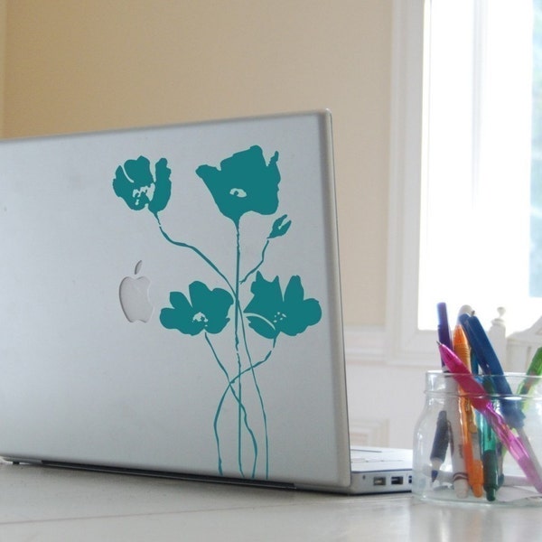 Laptop Poppy Field Decal, Floral Laptop Skin, Flower Laptop Sticker, Modern Flowers, Minimalist Design, Removable Laptop Decal