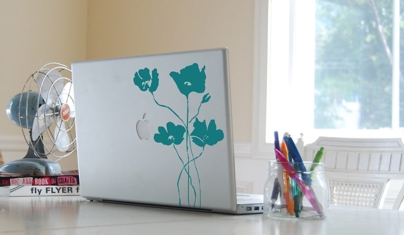 Laptop Poppy Field Decal, Floral Laptop Skin, Removable Vinyl Laptop Sticker, Small Modern Flowers, Minimalist, Scandinavian Design image 1