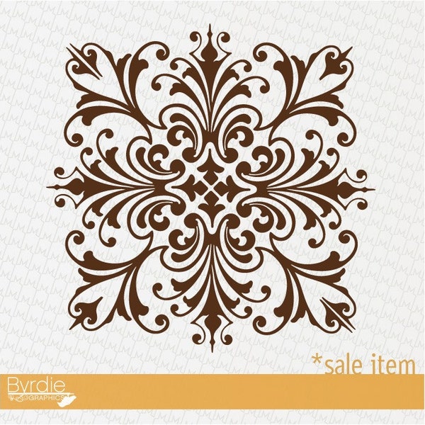 SALE- BROWN Square Scroll Damask Vinyl Wall Graphic