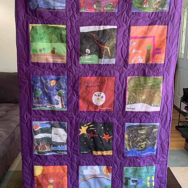 Custom quilt made from drawings, illustrations, artwork, paintings, coloring, pictures. Any size, shape or number of pictures. hand quilted