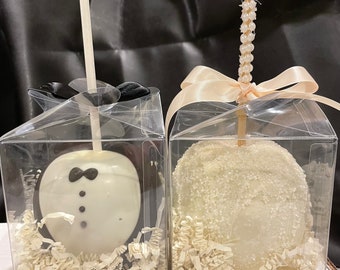 Bride and Groom Chocolate and Caramel Covered Apples: Wedding Favor, Bridal Shower Gift, Engagement Party Treat