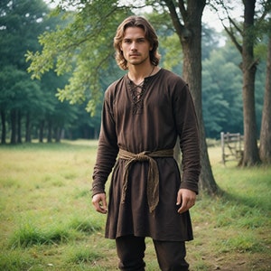 Brown Medieval Viking Tunic | Lace-Up Renaissance Shirt | Rustic Historical Men&#39;s Garb for LARP, or Cosplay | Norse Festival Outfit