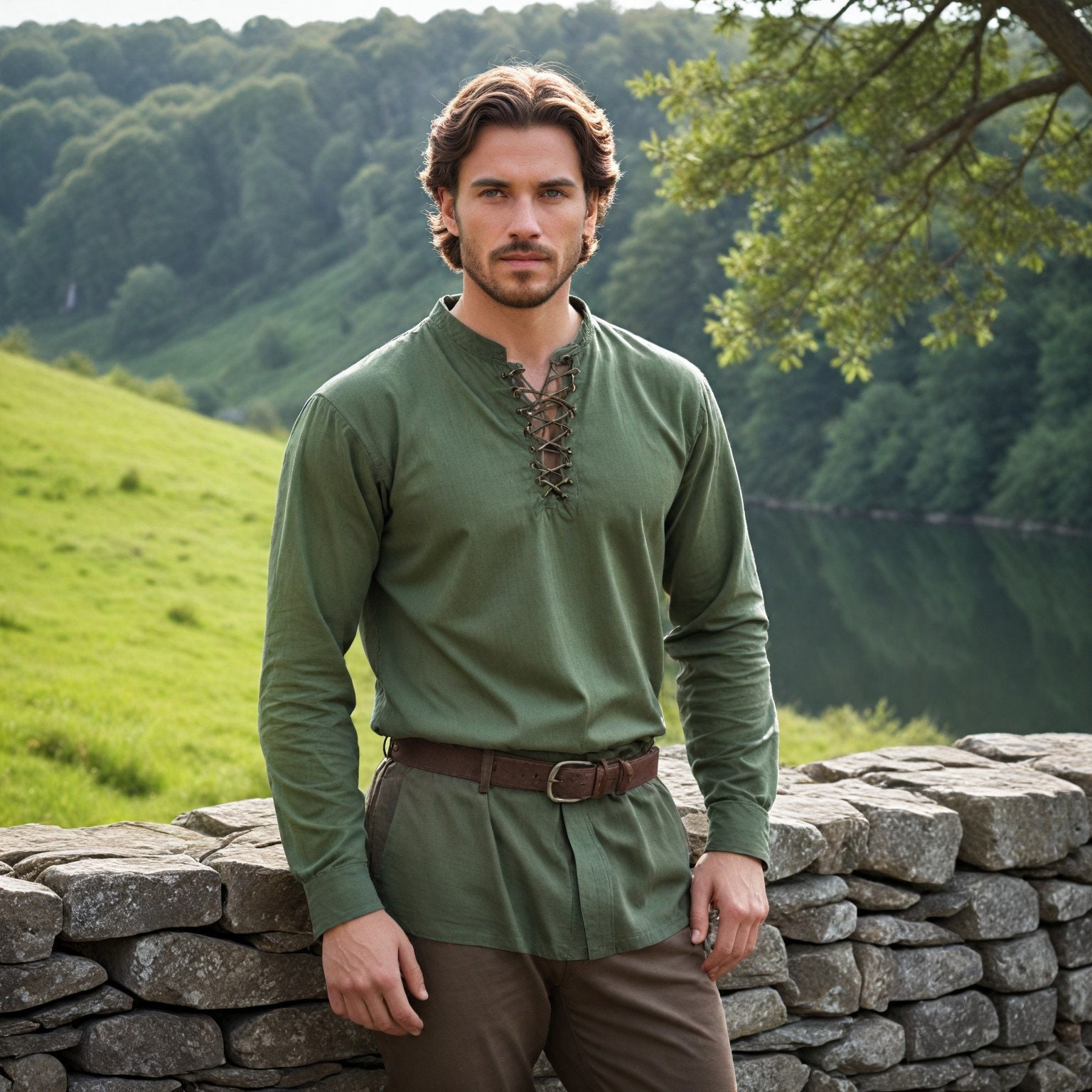 Middeleeuwse herentuniek met veterkraag | Groen Renaissance Vikingshirt | Historisch boerencosplaytop voor festivals en LARP