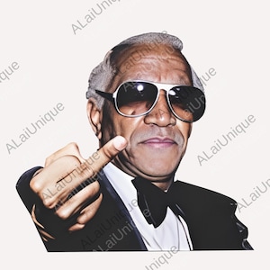 May include: A portrait of a man wearing sunglasses, a black bow tie, and a black suit. The man is pointing with his index finger. The image has the text "ALaiUnique" in the corners.