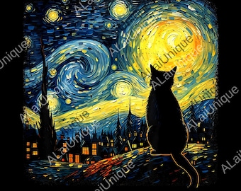Cat Starry Night Van Gogh png, Cat png, Gift For Cat Lover, Cat Mom png, Cat Dad digital, Starry Night Cat png, Van Gogh Cat png