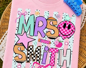 Custom Name Teacher PNG, Pink Teal Stripes Polka Dot Digital Download