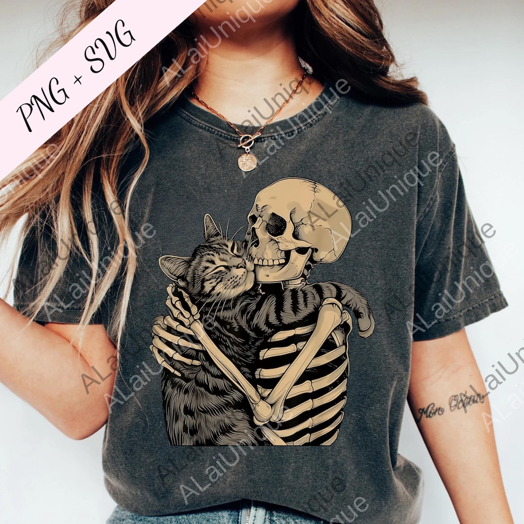 Skeleton Hugging Cat Png, Gothic Cat Lover Digital File, Spooky ...