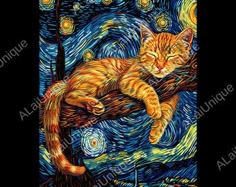 Starry Night Cat png, Cat Sleeping png, Cat Mom png, Van Gogh Cat png, Black Cat png, Funny Cat Gift, Van Gogh Black Cat png
