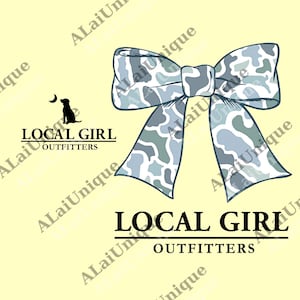 May include: A large bow with a camouflage pattern in shades of blue, gray, and white. The bow is part of the "LOCAL GIRL OUTFITTERS" logo, which also includes a silhouette of a dog under a crescent moon.