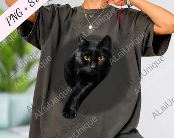 Gato negro con ojos amarillos (PNG), lindos gatos negros (archivo digital), regalo para amantes de los gatos, gato divertido (PNG), gato SVG para mujeres, gato SVG, gato Halloween (PNG)