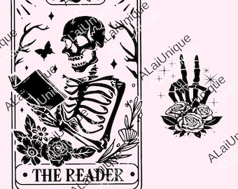 The Reader Tarot Card png, Skeleton Reading png, Unisex Tarot Card png, Book Gift, Bookish Gift,Tarot png