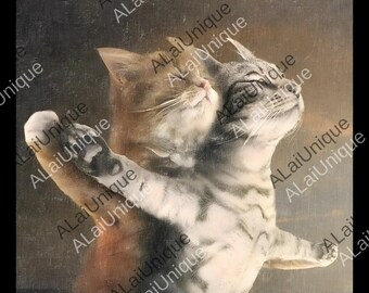 May include: A gray tabby cat with its eyes closed and arms outstretched, appearing to embrace a second cat. The second cat is a light brown color. The image has a soft, blurred effect, suggesting movement or a dreamlike quality.