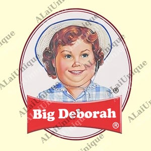 May include: A vintage-style illustration featuring a smiling girl with red hair, blue eyes, and a straw hat. The girl is wearing a blue and white checkered shirt. The text "Big Deborah" is displayed in white letters on a red banner.