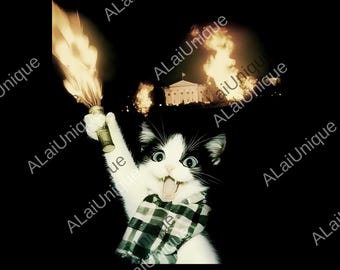 May include: A black and white cat wearing a plaid scarf, holding a lit flare with a burning building in the background. The cat has an open mouth and wide eyes. The background is black.