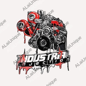 Puede incluir: Ilustración gráfica de un motor con componentes rojos y negros. La palabra "INDUSTRIAL" se muestra en negrita, con "INJECTION" debajo. Goteo de pintura roja del texto y del motor.