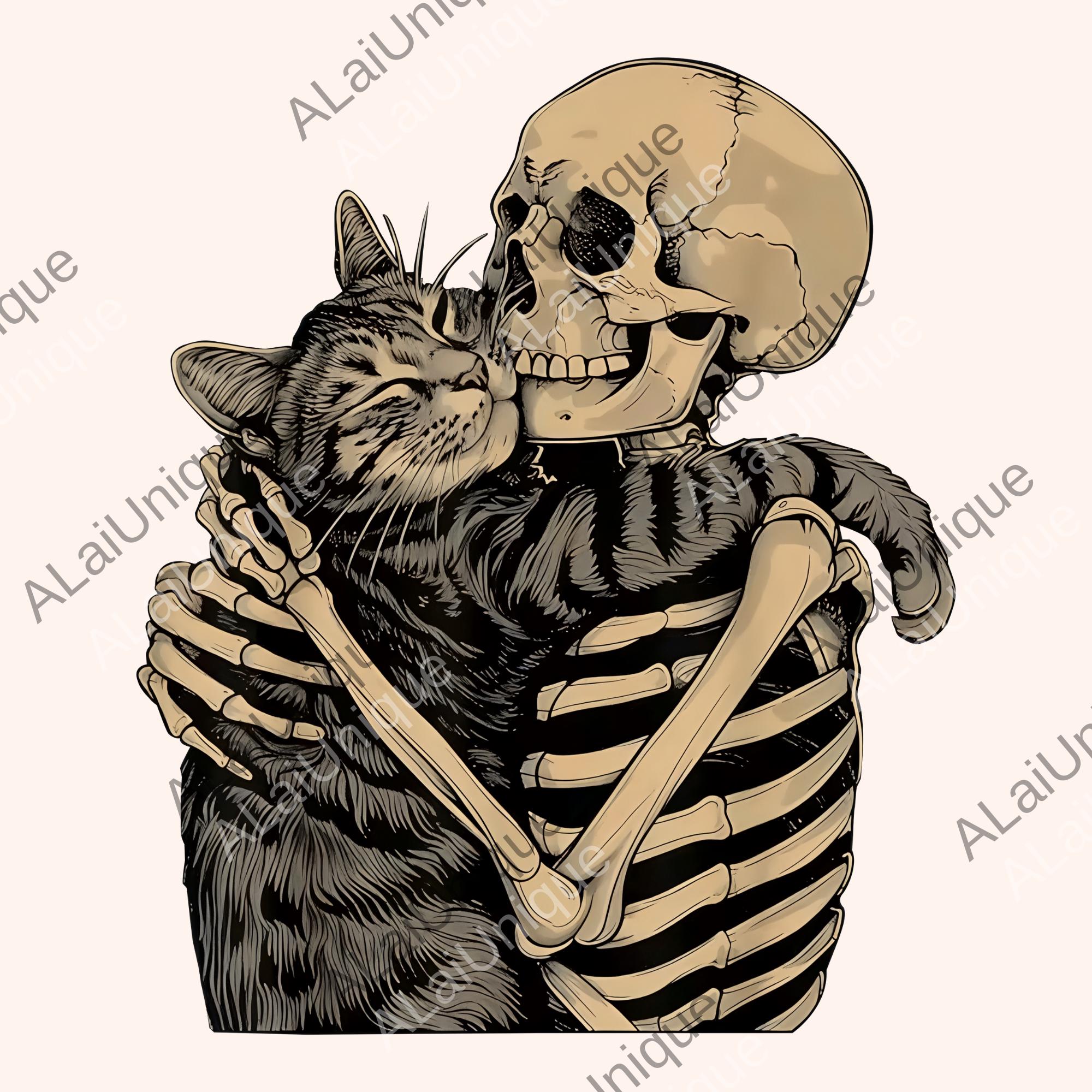 Skeleton Hugging Cat Png, Gothic Cat Lover Digital File, Spooky ...