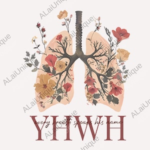 Pode incluir: Ilustração em aquarela de pulmões com elementos florais em tons de vermelho, amarelo e castanho. O texto "every breath speaks his name" e as letras "YHWH" são na cor bordô.