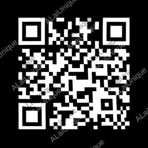 Op de afbeelding: Een zwart-witte QR-code met de tekst "ALaiUnique" diagonaal herhaald over de afbeelding. De QR-code bestaat uit zwarte en witte vierkanten en heeft een vierkant in elke hoek.
