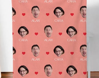 Personalized Face Blanket with Hearts, Custom Photo Gift for Couple, Valentines Day Gifts for Boyfriend, custom photo blanket