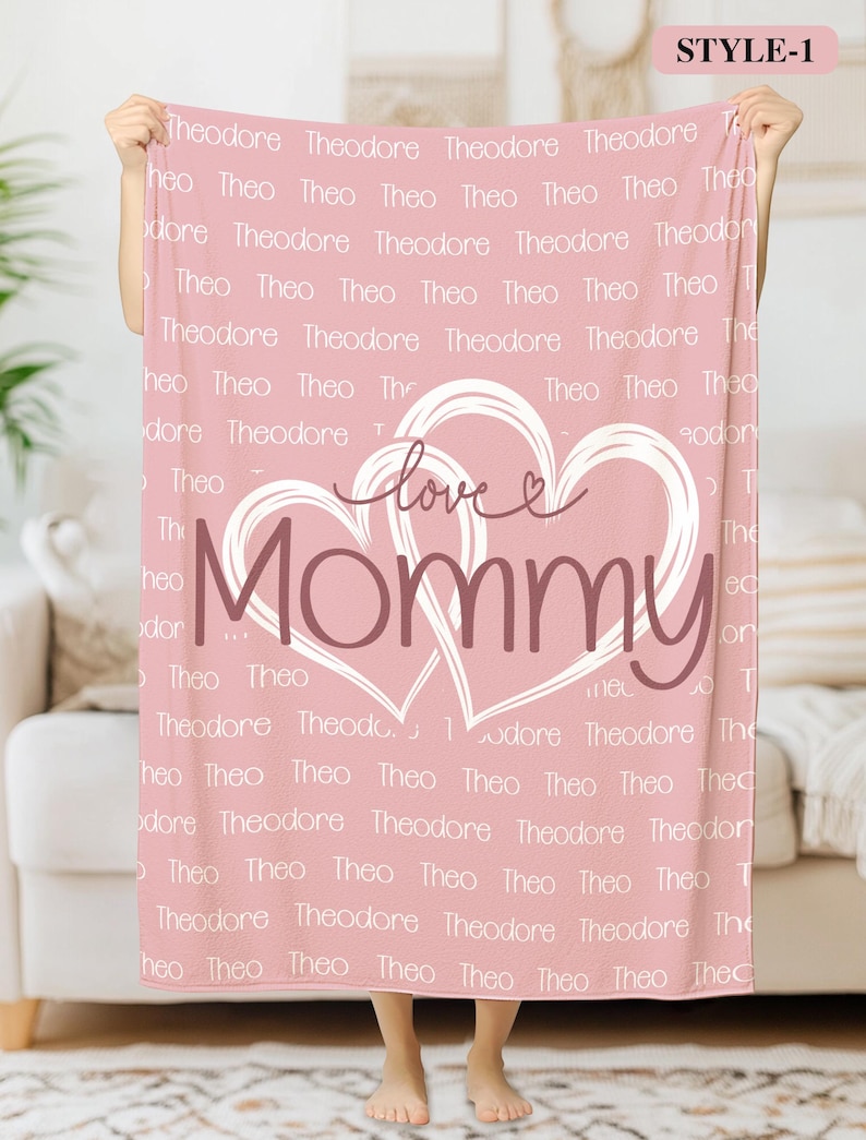 May include: Pink fleece blanket with a white heart design that says "love mommy" and a repeating pattern of the name "Theodore" in a smaller font.