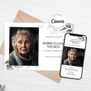Elegant Memorial Invitation, Printable & Mobile Celebration of Life Card, Editable Funeral Invite with Greenery - 008