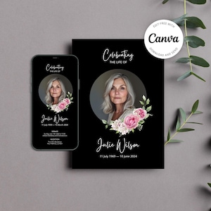 Elegante invito funebre con rose rosa, biglietto di auguri per la celebrazione della vita stampabile e mobile con motivo floreale, modello commemorativo modificabile - 002
