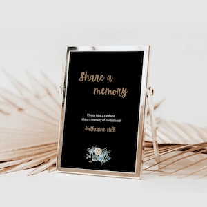 Elegante letrero floral conmemorativo: tarjeta personalizable con la frase "Comparte un recuerdo" para un funeral o una celebración de la vida - Colección Midnight Blooms