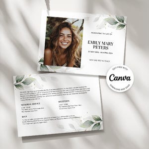Modèle de carte commémorative d'invitation pour les funérailles d'eucalyptus, modèle de carte commémorative célébration de la vie pour homme ou femme - 008