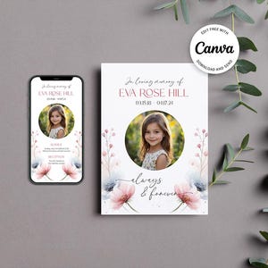 Lot d'invitations florales pour funérailles brise d'été, impression et carte commémorative numérique avec fleurs légères, invitation modifiable pour la célébration de la vie - 005