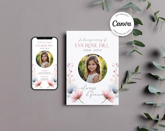 Floral Funeral Invitation Bundle, Memorial Card (Digital Template)
