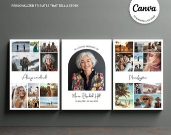 Memorial Board Template Set, Editable Funeral Welcome Signs, Celebration of Life Photo Display, Canva Bundle