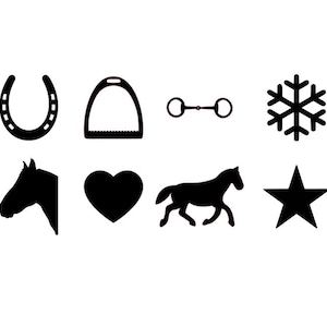 May include: Black and white silhouette icons of a horseshoe, stirrup, bit, snowflake, horse head, heart, horse, and star.