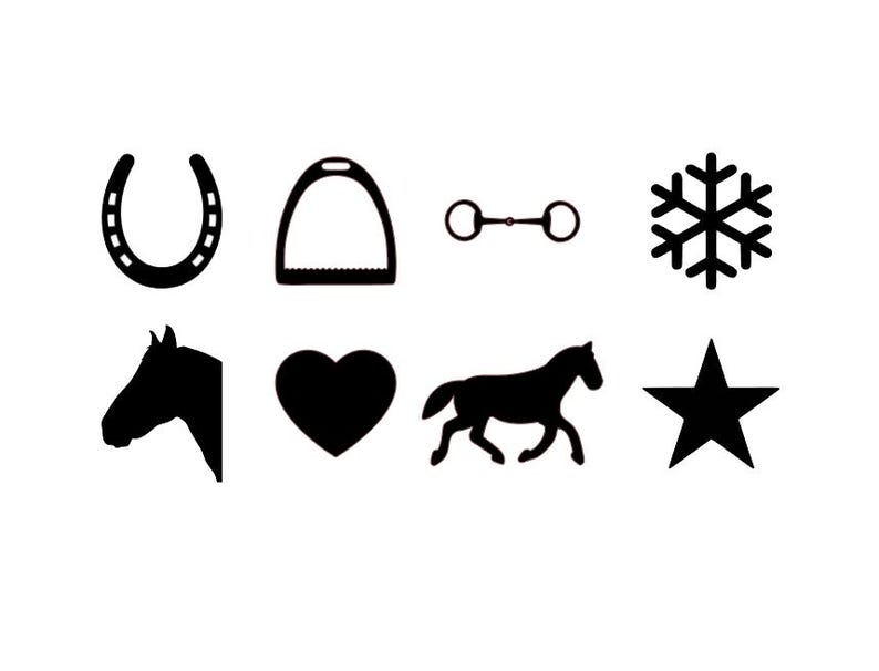 May include: Black and white silhouette icons of a horseshoe, stirrup, bit, snowflake, horse head, heart, horse, and star.