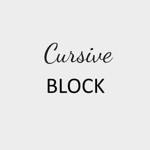 May include: The word "Cursive" written in cursive script, followed by the word "BLOCK" in all caps.