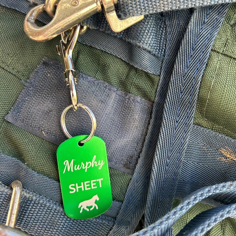 May include: Green metal tag with the text "Murphy SHEET" and a white silhouette of a horse. The tag is attached to a silver key ring and a silver clip.