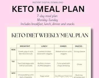 Keto meal plan, Low carb meal plan, Diabetic meal plan, Weekly 7-day meal, Keto Low carb food, Keto weight loss, Digital & printable PDF A4