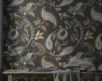 Dark Floral Wallpaper, Botanical Peel and Stick Wall Mural