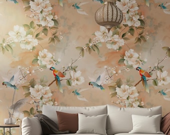 Chinoiserie Bird Wallpaper, Floral Peel and Stick Wall Mural