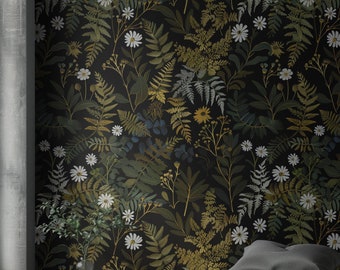 Botanical Fern and Daisy Wallpaper Roll, Black Peel and Stick Floral Wallpaper, Rustic Cottagecore Wall Decor, Removable Home Decoration