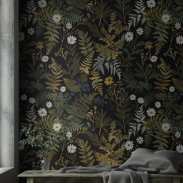 Botanical Fern and Daisy Wallpaper Roll, Black Peel and Stick Floral Wallpaper, Rustic Cottagecore Wall Decor, Removable Home Decoration