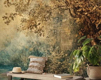 Misty Secret Garden Moody Landscape Wallpaper Murals, Green Oil painting removable wall murals, Panoramic Forest Scene wallpaper