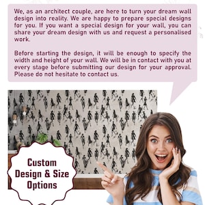 May include: Image features a woman pointing at a wall with a repeating black silhouette pattern. Text reads "WE DESIGN YOUR DREAM" and "Custom Design & Size Options." The company name "HURRY WALLPAPER" is also visible.