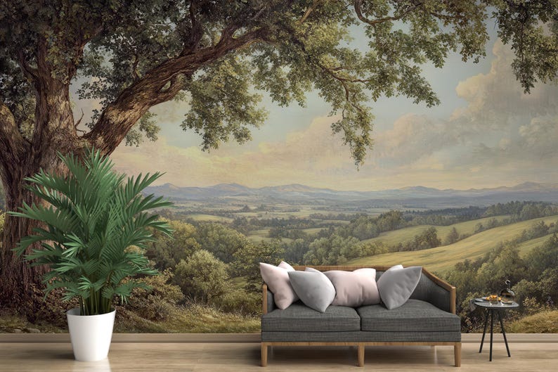 Vintage Tree Landscape Wall Mural, Romantic European Countryside View ...