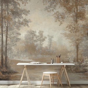 Vintage Landscape Peel And Stick Wallpaper, Neutral Forest Wall Mural, Removable Self Adhesive Wallpaper, Elegant Nature Wall Decor