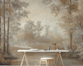 Vintage Landscape Peel And Stick Wallpaper, Neutral Forest Wall Mural, Removable Self Adhesive Wallpaper, Elegant Nature Wall Decor