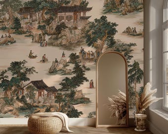 Chinoiserie Vintage Asian Landscape Wallpaper, Peel and Stick Landscape Mural, Scenic Oriental Wall Decor