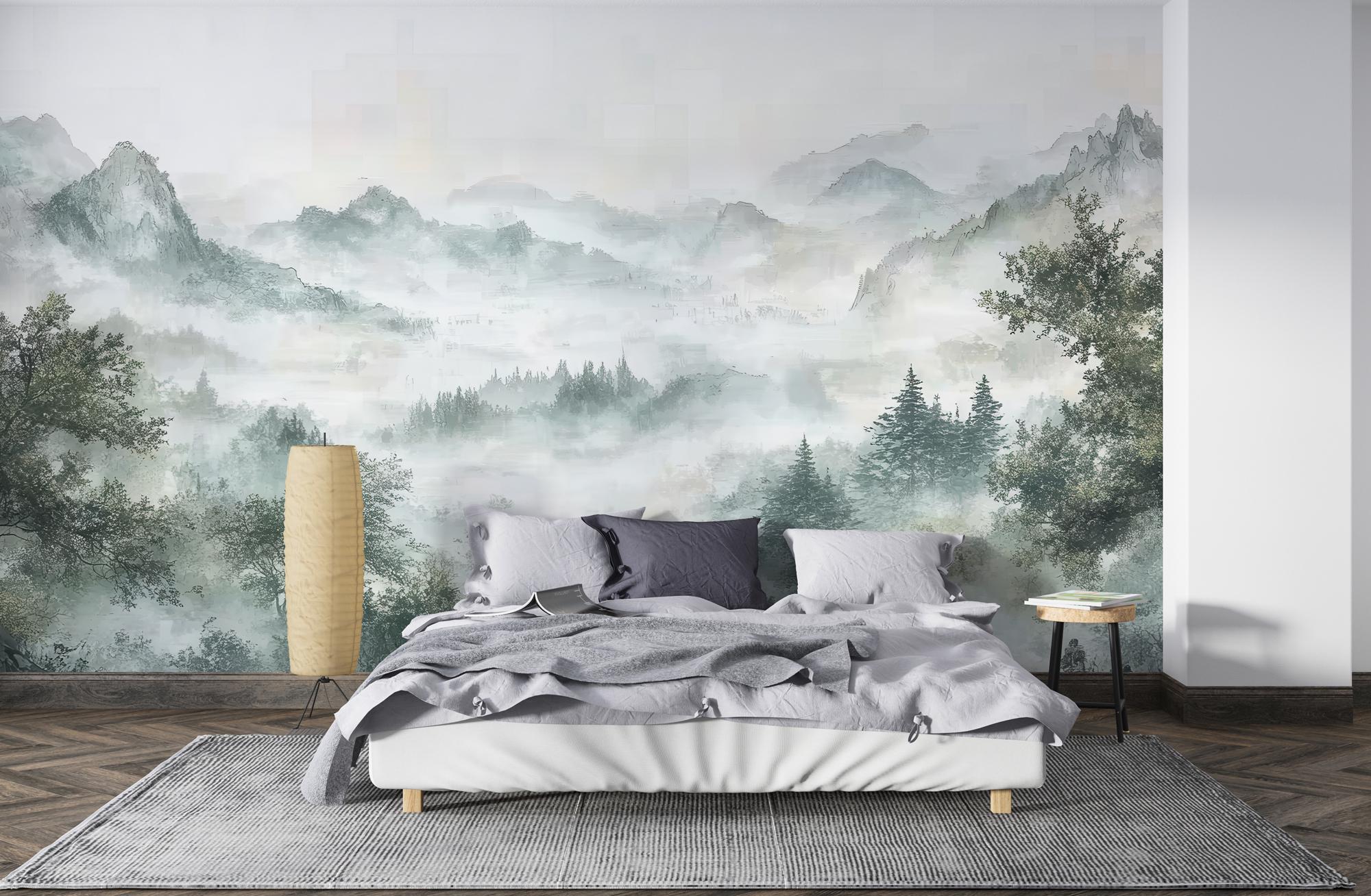 Misty Mountain Forest Wallpaper Mural – Scenic Peel and Stick Wall Art ...
