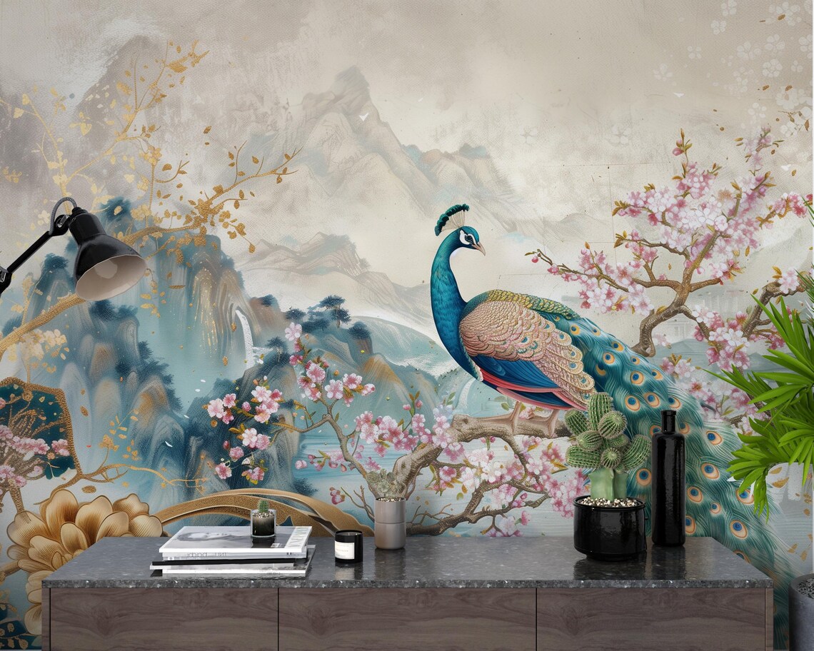 Chinoiserie Peacock Wallpaper, Cherry Blossom Floral Wall Mural - Etsy